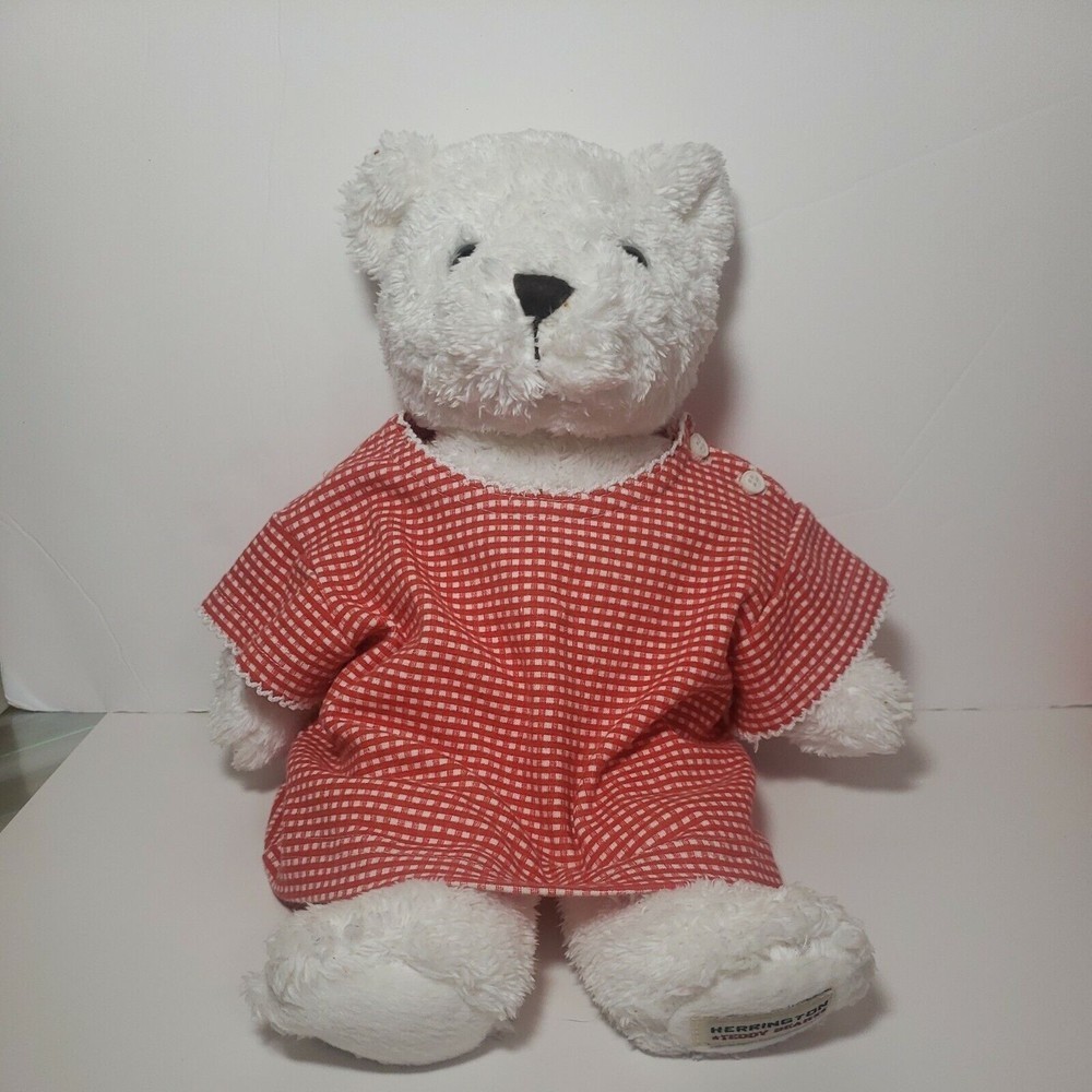herrington teddy bear white. Vntg red paid dress glass eyes stitched brown nose